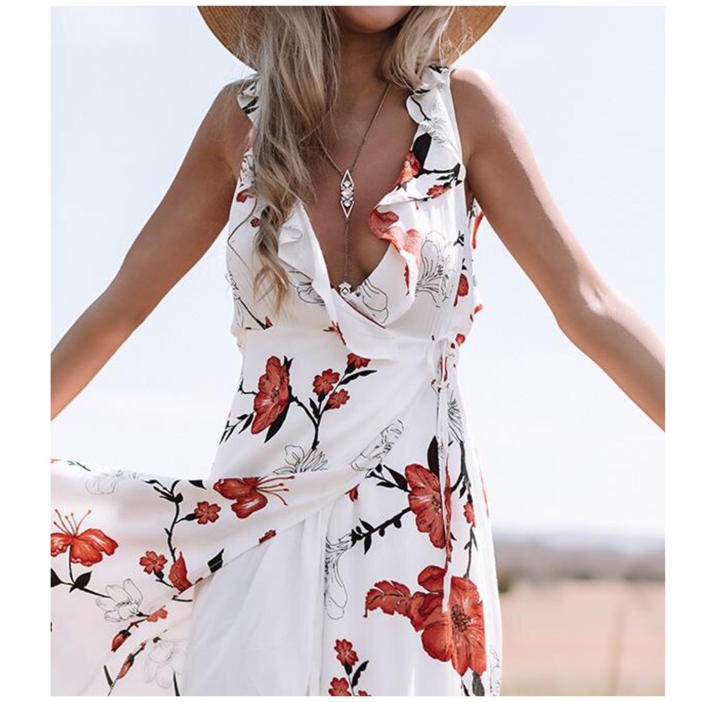 Floral Wrap White Maxi Dress - Picture 3 of 5